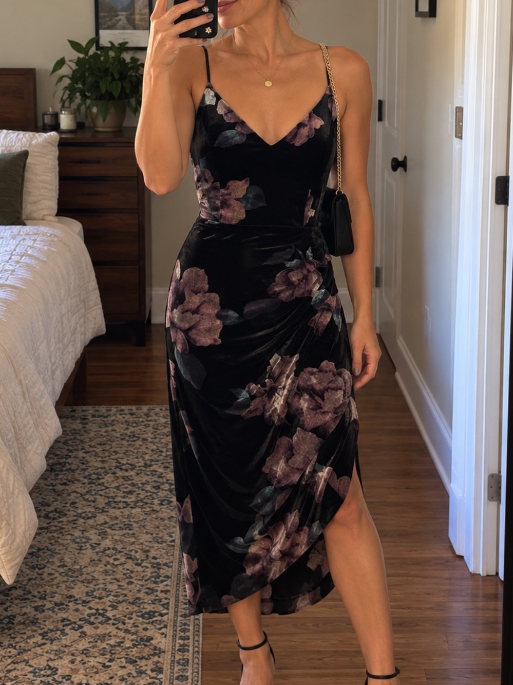 Windsor Black Velvet Slip Midi Dress with Floral Print